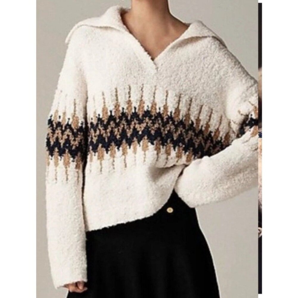 J Crew Fair Isle Johnny-Collar Sweater Women’s Size M Boucle Yarn Alpaca Blend